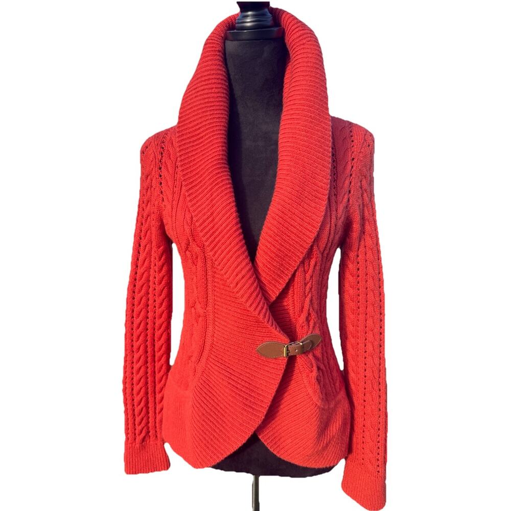 Talbots Small Rust Red Cable Knit Lambswool Blend Shawl Collar Buckle Cardigan